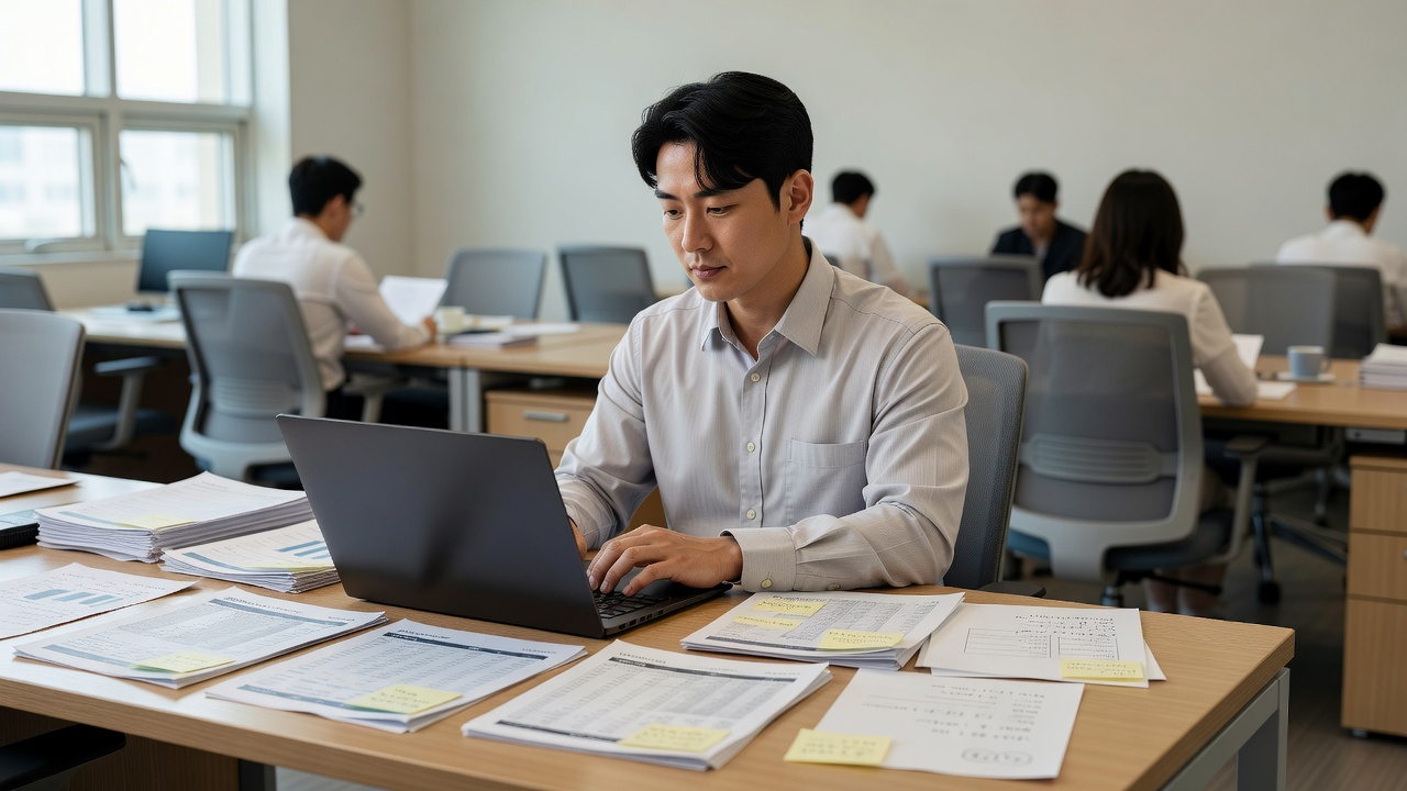 병원DB를 검색하며 의료기관 정보를 정리하는 사무실 장면
