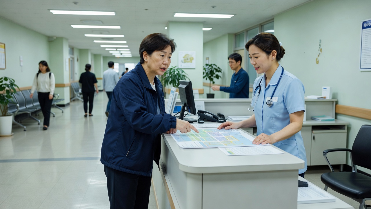 인공신장실 위치를 안내받는 병원 정보 데스크
